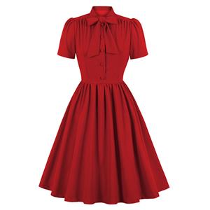 Vintage Tie Collar Front Button Short Sleeve Solid Color High Waist Cocktail Party Midi Dress N21604