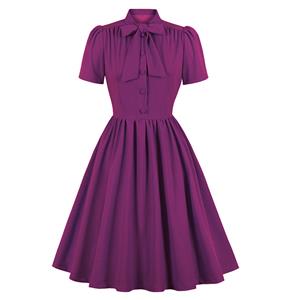 Vintage Tie Collar Front Button Short Sleeve Solid Color High Waist Cocktail Party Midi Dress N21605