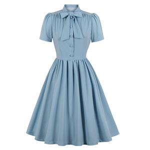 Vintage Tie Collar Front Button Short Sleeve Solid Color High Waist Cocktail Party Midi Dress N21607