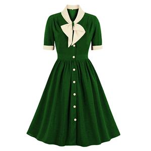 Vintage Tie Collar Front Button Short Sleeve High Waist Cocktail Party Midi Dress N21602