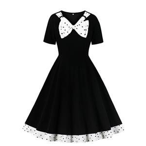 Vintage Black V Neck Bowknot Short Sleeve Cocktail Bridesmaid Stitching Dress N20956
