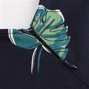 Vintage V Neck Sleeveless Pleated Leaf Printed Swing Summer Day Dress N17419