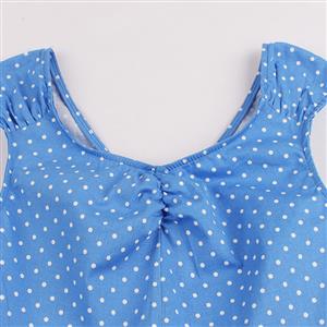 Vintage V Neck Sleeveless Pleated Polka Dot Printed Swing Summer Daily Dress N17420