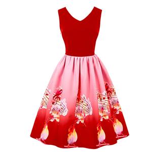 Women's Red Vintage V Neck Sleeveless Music Theme Print Swing Tank Dress N16355