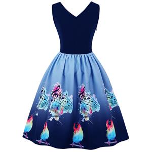 Women's Blue Vintage V Neck Sleeveless Music Theme Print Swing Tank Dress N17984