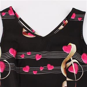 Women's Black Vintage V Neck Sleeveless Music Notes Print Swing Tank Dress N15787