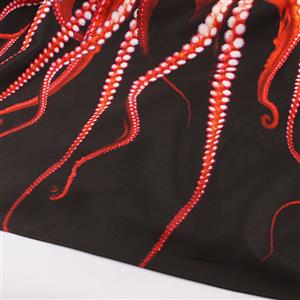 Women's Black Vintage V Neck Sleeveless 3D Digital Octopus Print Swing Tank Dress N15993
