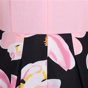 Women's Vintage V Neck 3/4 Length Sleeve Floral Print High Waist A-line Dresses N14556