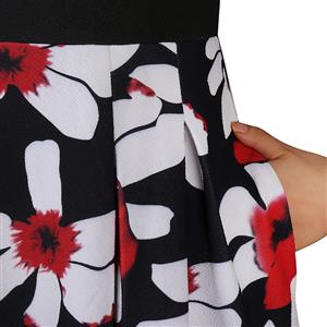 Women's Vintage V Neck 3/4 Length Sleeve Floral Print High Waist A-line Dresses N14557