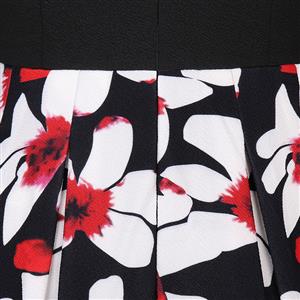 Women's Vintage V Neck 3/4 Length Sleeve Floral Print High Waist A-line Dresses N14557