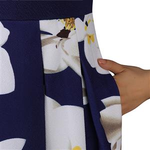 Women's Vintage V Neck 3/4 Length Sleeve Floral Print High Waist A-line Dresses N14558