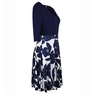 Women's Vintage V Neck 3/4 Length Sleeve Floral Print A-line Swing Dresses N14555