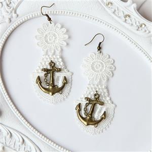 Vintage Exaggerated White Floral Lace Bronze Anchor Earrings J18425