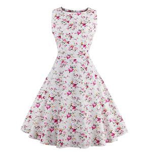 Elegant 1950's Vintage Floral Print Sleeveless Casual Cocktail Party Swing Dress N11521