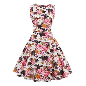 Elegant 1950's Vintage Floral Print Sleeveless Casual Cocktail Party Swing Dress N11523