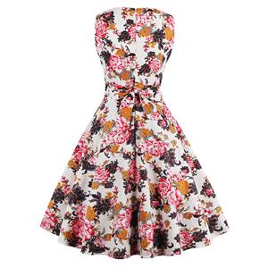 Elegant 1950's Vintage Floral Print Sleeveless Casual Cocktail Party Swing Dress N11523