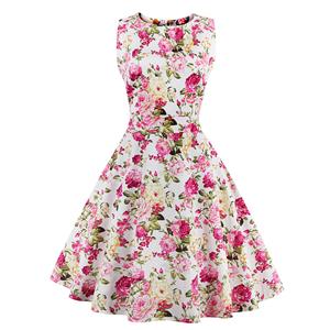 Elegant 1950's Vintage Floral Print Sleeveless Casual Cocktail Party Swing Dress N11524