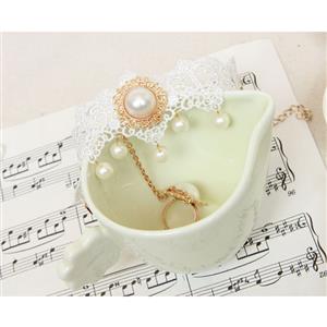 Vintage White Lace Wristband Victorian Pearl Embellishment Bracelet with Ring J17825