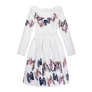 Girl's Vintage White Long Sleeve Round Collar Cute Butterfly Pattern A-Line Dress N15520