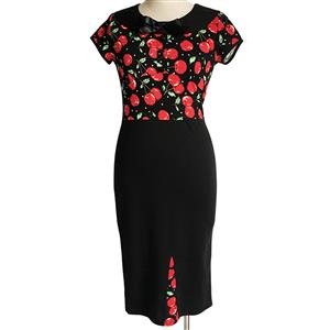 Vintage 1950's Cherry Print Office Lady Rockabilly Party Bodycon Dress  N12071