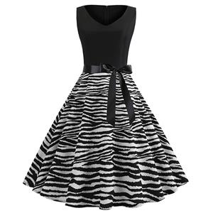 Vintage V Neck Black Bodice and Zebra Pattern Splicing Sleeveless Summer Swing Dress N18825