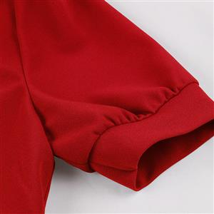 Vintage Red Short Sleeve Round Neck High Waist Zipper Daily Midi Dress N23147