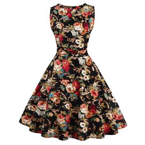 Elegant 1950's Vintage Floral Print Sleeveless Swing Dress N11510