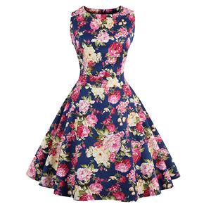 Elegant 1950's Vintage Floral Print Sleeveless Swing Dress N11511