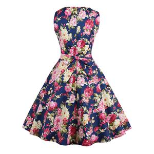 Elegant 1950's Vintage Floral Print Sleeveless Swing Dress N11511