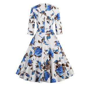1950's Vintage White Half Sleeve Floral Print Casual Cocktail Party Swing Dress N11643