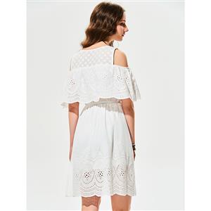 Women's Sexy White Cold Shoulder Falbala Hollow Out A-line Mini Dress N15987