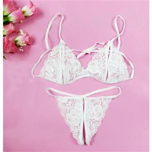 Charming White Floral Lace Lingerie Hollow Out Bra Panty Set N17621