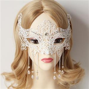 Elegant White Lace rhinestone Chain Half Mask MS12940