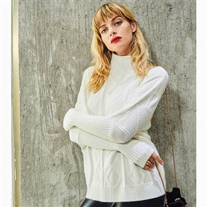 Women's White Long Sleeve High Neck Cable Knit Pullover Sweater N15780