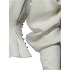 Women's Elegant White V Neck Back Halter Long Puff Sleeve Plain Blouse N14651