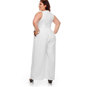 Women's White V Neck Sleeveess Wide Leg Plus Size?Jumpsuit N14462