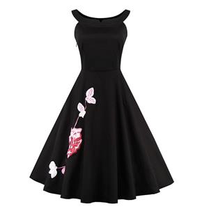 Elegant Vintage Black Embroidery Floral Print Cocktail Party Casual Dress N11601