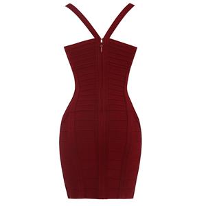 Women's Sexy Wine-Red Oblique Straps V Neck Bodycon Bandage Party Dress N15621