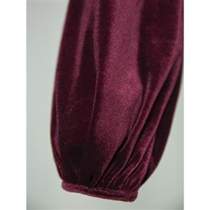 Women's Wine-Red Round Neck Lantern Sleeve Velvet Blouse N15571