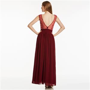 Women's Wine-Red Round Neck Sleeveless Beaded Chiffon Bridesmaid Dress Evening Gowns N15870
