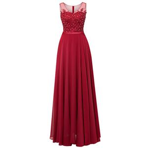 Women's Wine Red Sleeveless V Neck Appliques Beaded Long Prom Evening Gowns N15919