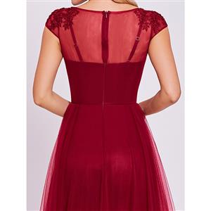 Women's Wine-red Cap Sleeve Appliques Ankle-length Chiffon Evening Dress N15908