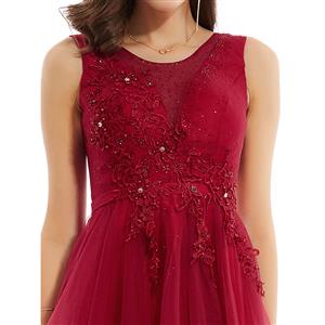 Women's Elegant Wine-red Sleeveless A-Line Appliques Beading Mini Homecoming Dress N15840