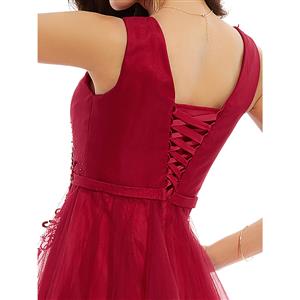 Women's Elegant Wine-red Sleeveless A-Line Appliques Beading Mini Homecoming Dress N15840