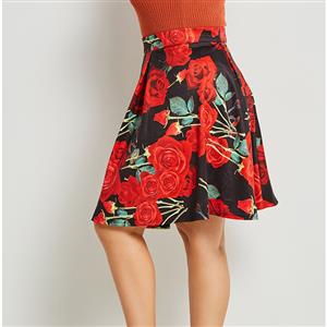 Fashion Women's Black/Red A-line Rose Print Plus Size Skater Skirt N15998