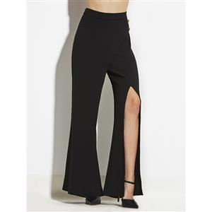 Women's Black High-Waist Zipper Full Length Flare Pants N14935