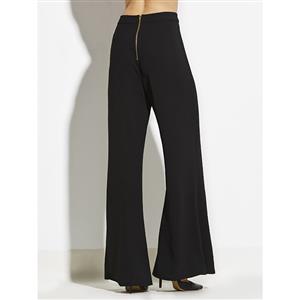 Women's Black High-Waist Zipper Full Length Flare Pants N14935