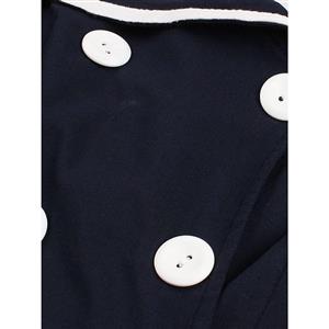 Fashion Women's Dark Blue Double-Breasted Crew Neck Short Sleeve Swing Dress N14297