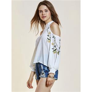 Women's Fashion Floral Print Off Shoulder Long Sleeve Blouses N14350