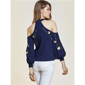 Women's Fashion Embroidery Off Shoulder Long Sleeve Blouses N14351